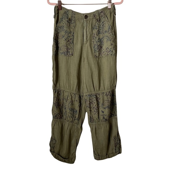Free People Pants - Free People Pants Womens Size 2 Green 100% Linen Boho Paisley Floral Cropped